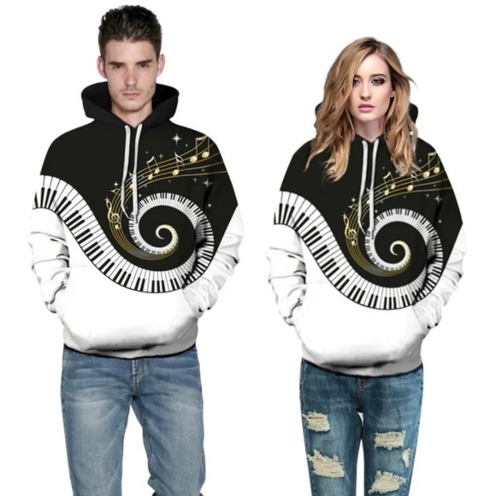 NEWCOSPLAY Black White & Yellow Piano Musical Notes Unisex Hoodie XXL/XXXL